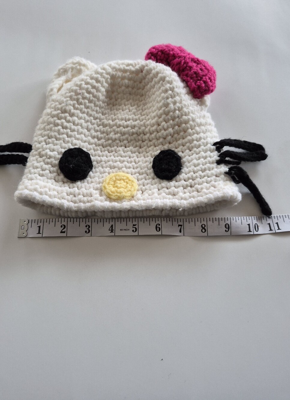 White Crochet Hello Kitty Beanie with Pink Bow Winter Handmade Hat Toddler Size
